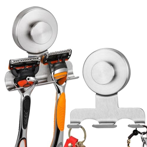 warlve No-Drill Suction Cup Razor and Shaver Holder, Stainless Steel Shower Hook for Towel & Loofah, Damage-Free Reusable Bathroom Wall Organizer (2, Brushed Nickel) - Image 1