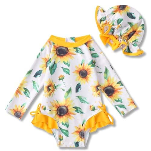 AMAWMW Infant Baby Girl Swimsuit Long Sleeve One-Piece Swimwear with Hat Rash Guard Floral Zipper Bathing Suit Beach Wear Yellow Sunflower - Image 1