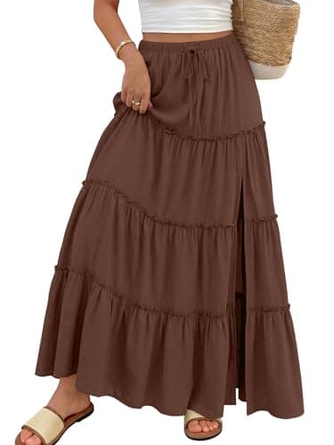 Trendy Queen Long Skirts for Women Slit Maxi Boho Skirt Summer Vacation Outfits A-Line Dress with Pockets Fashion Clothing Brown XS - Image 1