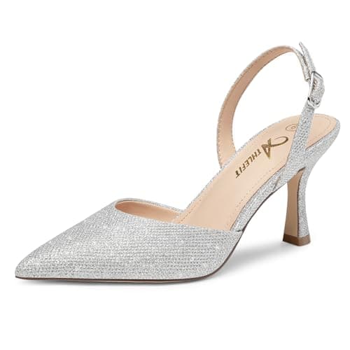 Athlefit Women's Kitten Heels Closed Toe Pumps Shoes Silver Glitter Size 11