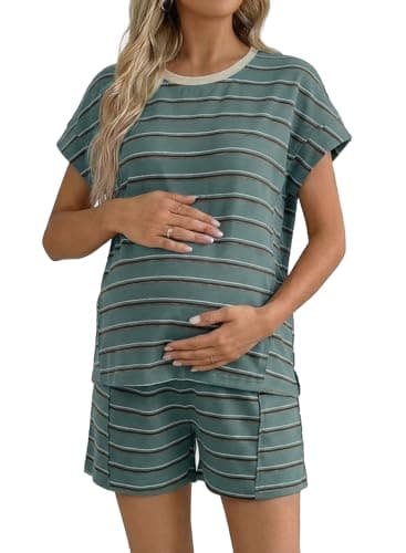 BLENCOT Women's Maternity 2 Piece Outfits Crewneck Short Sleeve Striped Top and Elastic Waist Shorts Set Pregnancy Summer Loungewear Green Stripe S - Image 1