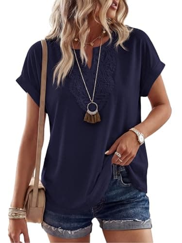 PRETTYGARDEN Womens Summer Tops Casual Short Sleeve V Neck Shirts for Women Loose Fit Going Out Top Boho Vacation Clothes (Navy Blue, Large) - Image 1