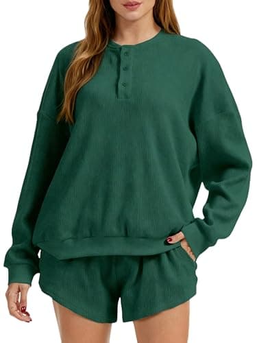YZFSM Spring Lounge Sets for Women Oversized Waffle Knit Long Sleeve Sweatshirt and High Waisted Shorts 2 Piece Casual Outfit (Dark green, Small) - Image 1