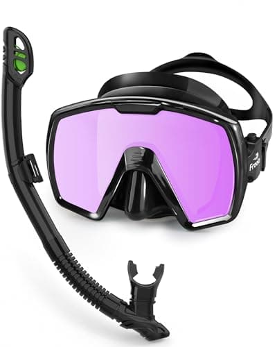 Freela Adult Dry Snorkel Set Scuba Diving Mask with Nose Cover Mirrored Purple Lens, Tempered Glass 180° View, Anti-Fog Leak-Proof Snorkeling Gear for Men Women Youth, Snorkel Mask for Swimming Diving