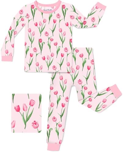 babee Reshinee Bamboo Viscose Toddler Girls Kids Pajamas Pink Tulip Pjs Long Sleeve Snug fit 2-3T 2pcs Soft Jammies - Image 1
