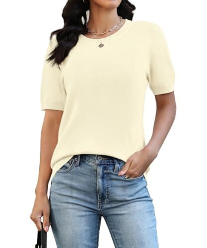 NILOUFO Pullover Sweaters for Women Short Sleeve Sweater Top Beige - Image 1