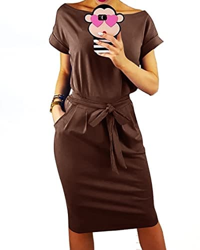 PRETTYGARDEN Women's Summer Short Sleeve Crewneck Striped Dress Basic Solid Tie Waist Office T Shirt Dresses Pockets(Coffee,X-Large) - Image 1