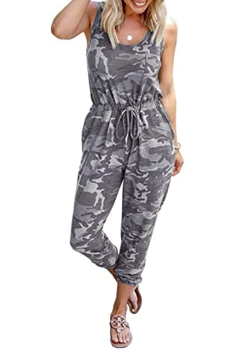 KIRUNDO Women 2026 Summer Jumpsuits Casual Sleeveless Drawstring Elastic Waist Romper Vacation Cruise Airport Travel Outfits(Camouflage Grey, X-Large) - Image 1