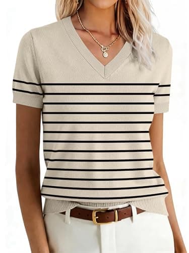 ANRABESS Women's Short Sleeve Sweater Business Casual Top,Beige Black,S - Image 1