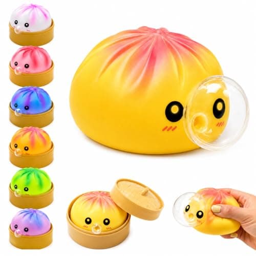 KYLARA Yellow Pink Dumpling Squishies, Mystery Squishies Dumpling Blowing Bubble, Soft Squeeze Desk Toy, Tie Dye Bao Bun with Food Streamer, Cute Fidget Sensory Ball Gift for Stress Anxiety Relief