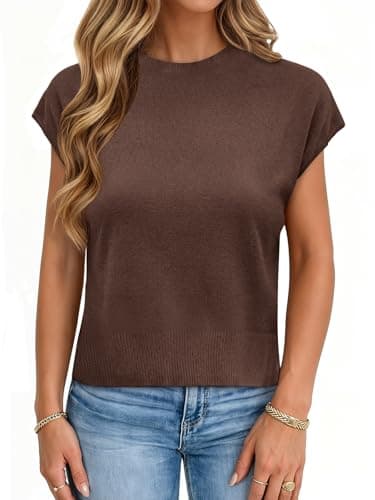 UNCLECAT Womens Short Sleeve Sweater Crew Neck Lightweight Loose Knit Pullover Tops Shirts Business Causal Outfits Coffee - Image 1