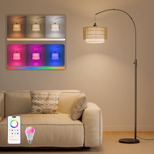 VARICART Boho Rattan Arc Floor Lamp, 71" RGB Color Changing LED Standing Lamp Compatible with Alexa Voice & App Control, 3-in-1 Double Layer Shade, 10W 1200lm 1%-100% 2700K-6000K Dimmable, Music Sync - Image 1