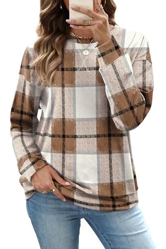 RUMIA Sweatshirt for Women Fall Fashion Clothes Crewneck Fall Clothing Outfits Tops for Women 2025 Pullover Long Sleeve T Shirts Beige Plaid 3XL - Image 1