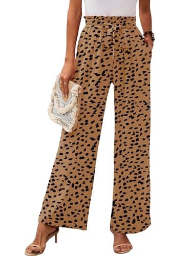 Heymoments Women's Wide Leg Lounge Pants with Pockets Almond Leopard X-Large Lightweight High Waisted Adjustable Tie Knot Loose Comfy Casual Trousers - Image 1