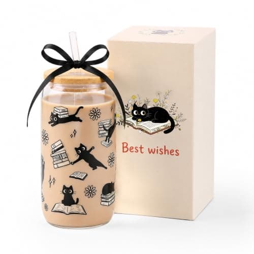 KORHONEN Cute Cat Gifts for Women, Black Cat Book Lover Gifts Glass Cup Tumbler with Lids and Straw, Bookish Present Coffee Cup for Women Girls Friends Bookworm Thanksgiving Christmas Birthday, 16oz - Image 1