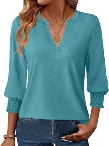 GKBK Womens 3/4 Sleeve Shirts V Neck Dressy Casual Spring Summer Blouses with Smocked Cuffs - Image 1