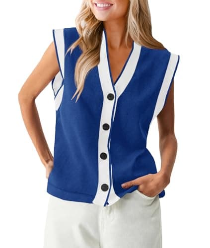 Saodimallsu Womens V Neck Sweater Vest Button Down Cap Sleeve Summer Trendy Color Block Loose Knit Tank Tops Blue - Image 1