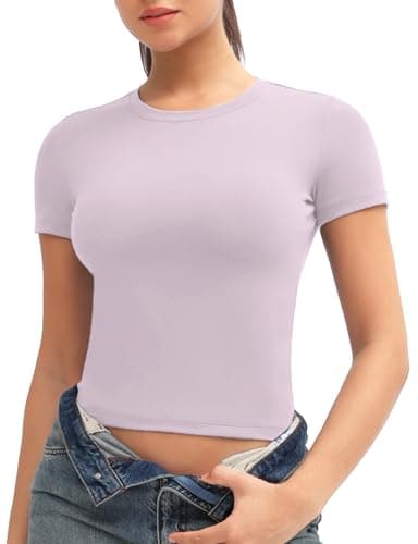 THE GYM PEOPLE Women's Workout Crop Tops Short Sleeve Slim Fit Soft BreathableSummer Yoga Running Casual Basic Tee Shirts Light Purple - Image 1