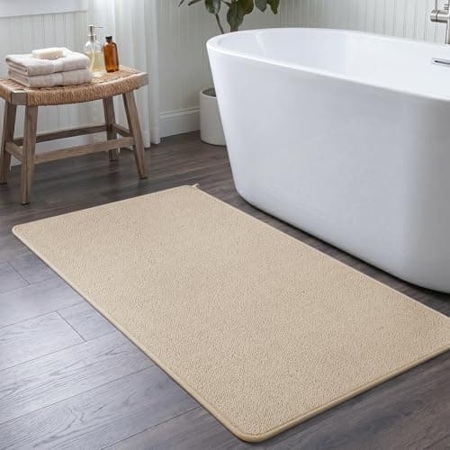 MontVoo Quick Dry Bathroom Runner, Super Absorbent Long Bath Runner, 3D Honeycomb Mesh Base Non Slip Bath Mats, Machine Washable Low Pile Bath Rug for Bathtub Front, Shower, Sink, Beige 24"x48" - Image 1