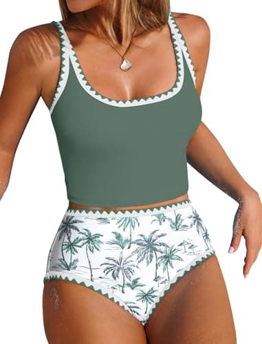ZAFUL Tankini Swimsuit Tummy Control Bathing Suits Two Piece Swimwear Swim Top with High Waisted Bottom Green Palm Tree M - Image 1