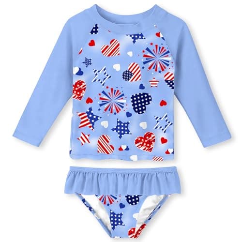 Funnycokid Toddler Girls 4th of July Swimsuit 3T 4T American Flag Patriotic Bathing Suit Red White and Blue Rash Guard Independence Day - Image 1