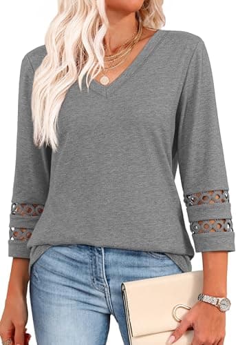 Blouses for Women Business Casual 3/4 Length Sleeve Womens Tops V Neck Tshirts for Women Grey XXL - Image 1