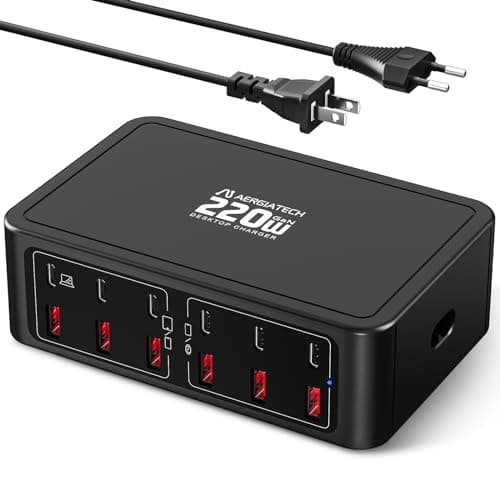 Aergiatech 220W USB C Charging Station, 12-Port GaN Charger Hub,65W Laptop Charger Adapter for MacBook Pro/Air iPad Pro iPhone Google Pixelbook ThinkPad Dell XPS Galaxy S23 Steam Deck -Black