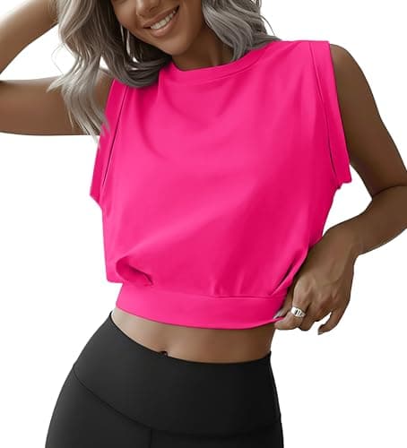 JINKESI Women Workout Crop Tank Tops Sleeveless Athletic Yoga Tops Running Gym Crop Workout Tank Tops Hot Pink-S - Image 1