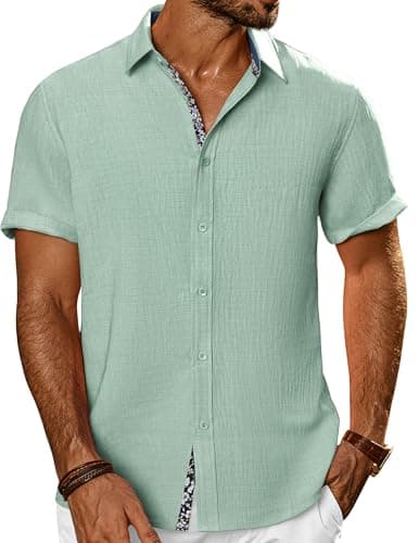 PJ PAUL JONES Men's Button Down Short Sleeve Shirt Casual Summer Beach Textured Wedding Shirts Light Green - Image 1