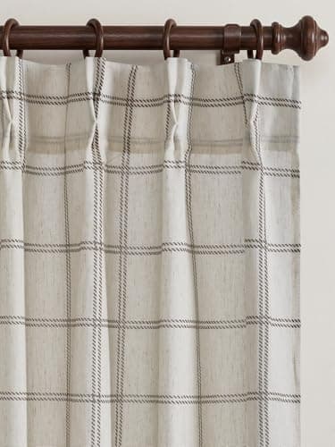 NICETOWN Pinch Pleated Plaid Curtains 2 Panels, W40 x L84 in, Linen Blend Vintage Farmhouse Style Curtains with Hooks, Privacy Protection & Light Filtering Minimalist Window Treatments, Twill White - Image 1