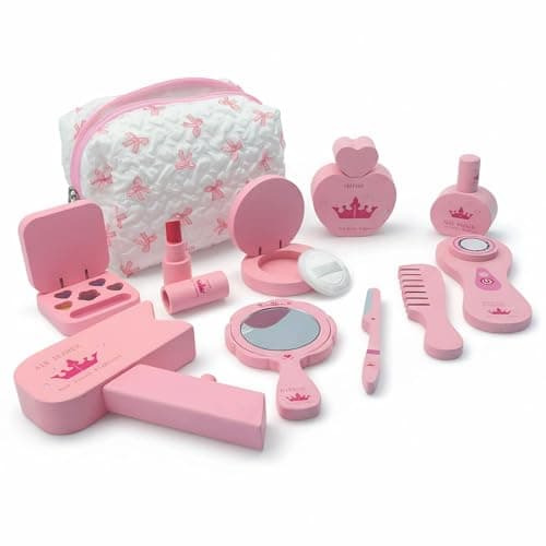 Wooden Makeup Toy Set for Girls Pretend Play Makeup Kit with Eyeshadow/ Mascara/ Perfume/ Blush/ Mirror/ Bag Perfect Toddler Montessori Toys Birthday Gift Ideas for Kids Aged 3 4 5 6 7 8 - Image 1