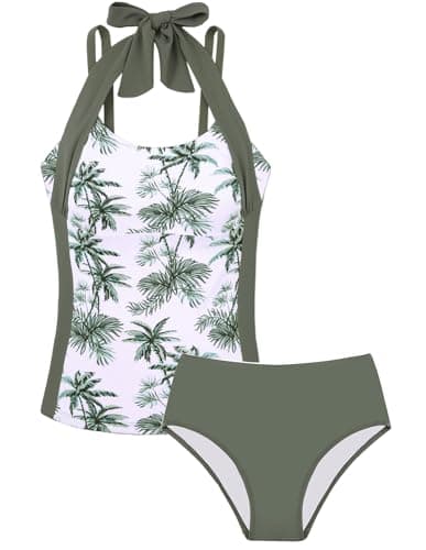 GRACE KARIN Girls Swimsuits Size 10-12 Cute Tankini Bathing Suits for Girls 2 Piece Swimming Suit for Kids Green - Image 1