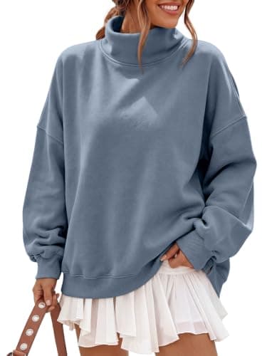 Trendy Queen Women’s Fleece Oversized Sweatshirts Fall Winter Mock Neck Pullover with Pockets GreyBlue XL - Image 1