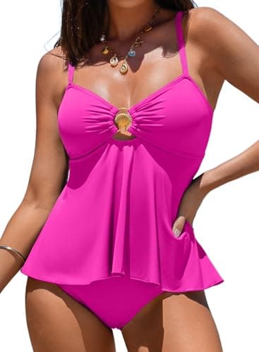 Aleumdr Women's Tankini Swimsut Tummy Control Bathing Suit Scallop Flowy Swim Top with High Waisted Tankini Bottom Rose Red XX-Large - Image 1