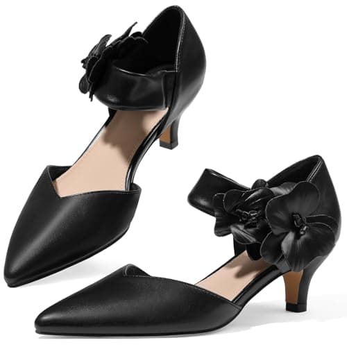 COMFITORIA Womens Low Kitten Heels Closed Pointed Toe Slip on Pumps Ankle Strap Heels Sexy Elegant Bridal Party Dressy Shoes,Black pu, Size 8.5 - Image 1