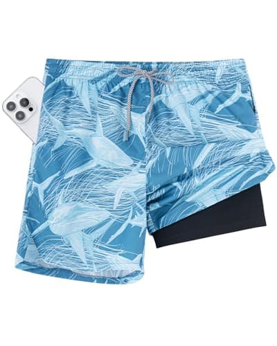 Y YERFONE Mens Swim Trunks with Compression Liner Men Bathing Suit 5 inch Board Shorts Zipper Pockets Drawstring 2 in 1 Quick Dry Stretch Lined Funny Beach Swimming Pool Surf Blue Shark - Image 1