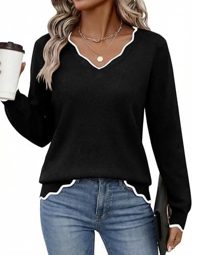 LaGracia Womens Fall V Neck Sweater 2026 Lightweight Casual Long Sleeve Ribbed Knit Pullover Sweaters Dressy Fall Outfits Black 2XL - Image 1