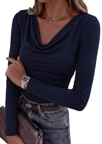 PRETTYGARDEN Women's Long Sleeve Shirts 2026 Fall Outfits Cowl Neck Ruched Slim Fitted Going Out Tops Y2K Fashion Clothing (Navy Blue,Small) - Image 1