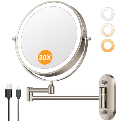 Auxmir 1X/30X Wall Mounted Lighted Makeup Mirror, 8" 3200 mAh Rechargeable Double-Sided Magnifying Mirror, Touch Dimmable 3 Color Lights, 360° Rotating Foldable 14.5" Extension Arm, Brushed Nickel - Image 1