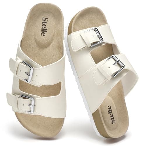 Stelle Girls Sandals Kids Slide Summer Shoes Slip on Slippers with Adjustable Straps(Pearl White,3ML) - Image 1