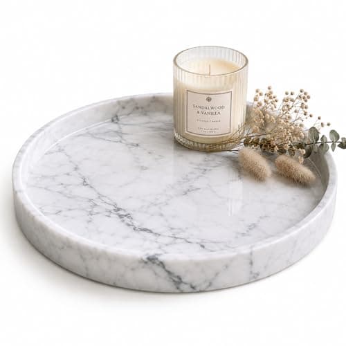 Apasqro Carrara White Marble Tray Round 10 Inch, Natural Stone Perfume & Dessert Tray, Elegant Serving & Display Plate for Home, Vanity, 2 cm Deep, Non-Slip Base - Image 1