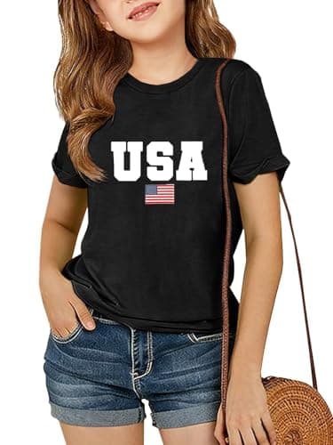 Humordream Girls 4th of July Short Sleeve T Shirts Kids Graphic Tees Crewneck Cute Casual Summer Tops Tees 5-14 Years - Image 1