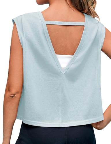 Quenteen Women Cropped Open Back Sleeveless Tank Tops Casual Yoga Y2k Athletic Gym Loose Fit Shirts Light Blue L - Image 1