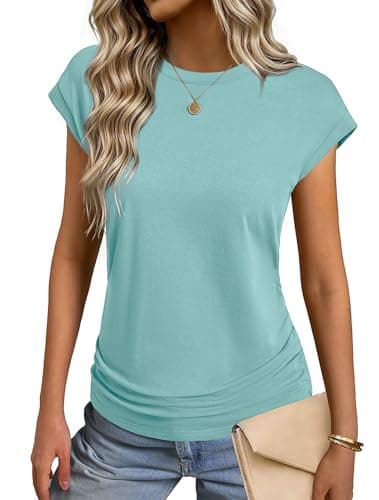 GKBK Womens T Shirts O Neck Short Cap Sleeve Cotton Tops Summer Ruched Trendy Basic Tee Shirt Cyan XL - Image 1