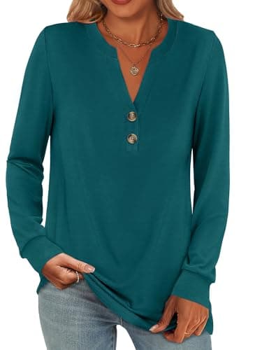 ANRABESS Women's Long Sleeve Shirts 2026 Spring Fashion Dressy Casual Tops Trendy Henley Blouses Cute Work Outfits Clothes Teal Large - Image 1