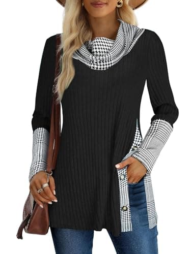 Miusey Long Sleeve Shirts for Women Christmas Tunic Sweatshirts Pullover Sweaters to Wear with Leggings Black White Plaid XXL - Image 1