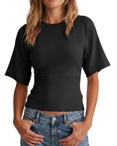 Jenisso Womens Short Sleeve Knit Tops 2026 Summer Crew Neck Cinched Waist Fitted Ribbed Sweater (Black S) - Image 1