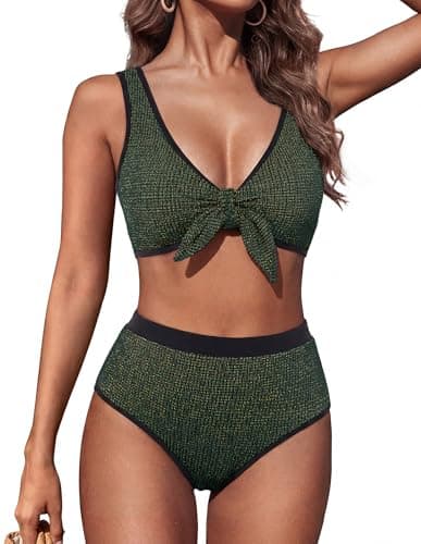 Hanna Nikole Womens High Waisted Bikini Sets 2 Piece Swimsuit Tummy Control Bathing Suits Full Coverage Textured Tie Knot Swimwear L Dark Green Black - Image 1