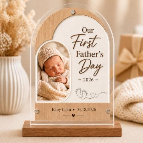 Personalized Baby Photo Keepsake Plaque, Custom Acrylic Wooden Sign for Daddy from Baby, First Fathers Day Gift, Nursery Desk Decor (A) - Image 1