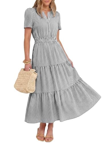 Caracilia Women's Summer Short Sleeve V-Neck Maxi Dress, Gingham & Striped Fabric, Casual A-Line Dress for Beach & Vacation Black White Stripe Large - Image 1